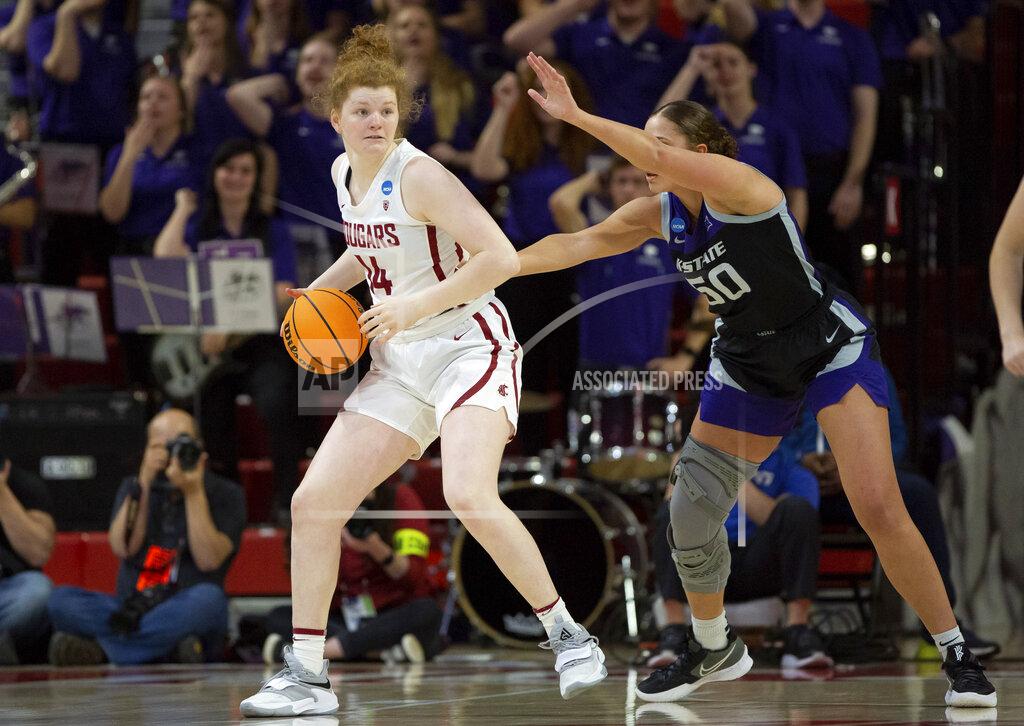 Ben Mckeown Washington State's Jessica Clarke (14) works in the post against Kansas State's Ayoka Lee (50) during the first half of a college basketball game in the first round of the NCAA tournament in Raleigh, N.C., Saturday, March 19, 2022. (AP Photo/Ben McKeown)