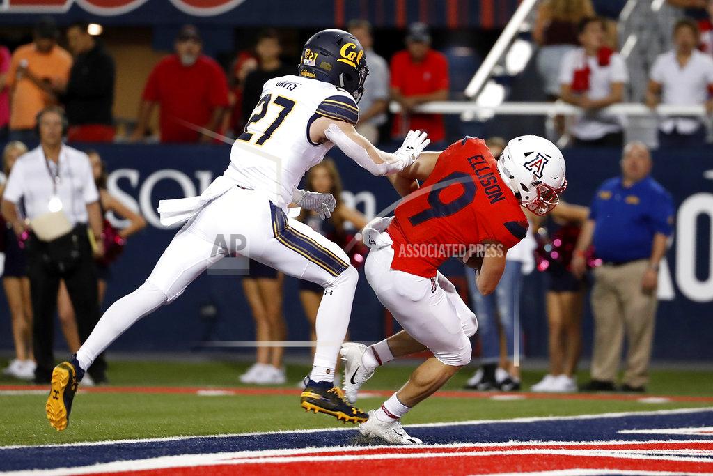 Chris Coduto Arizona wide receiver Tony Ellison (9) scores a 31-yard touchdown next to California safety Ashtyn Davis (27) during the first half of an NCAA college football game Saturday, Oct. 6, 2018, in Tucson, Ariz. (AP Photo/Chris Coduto)