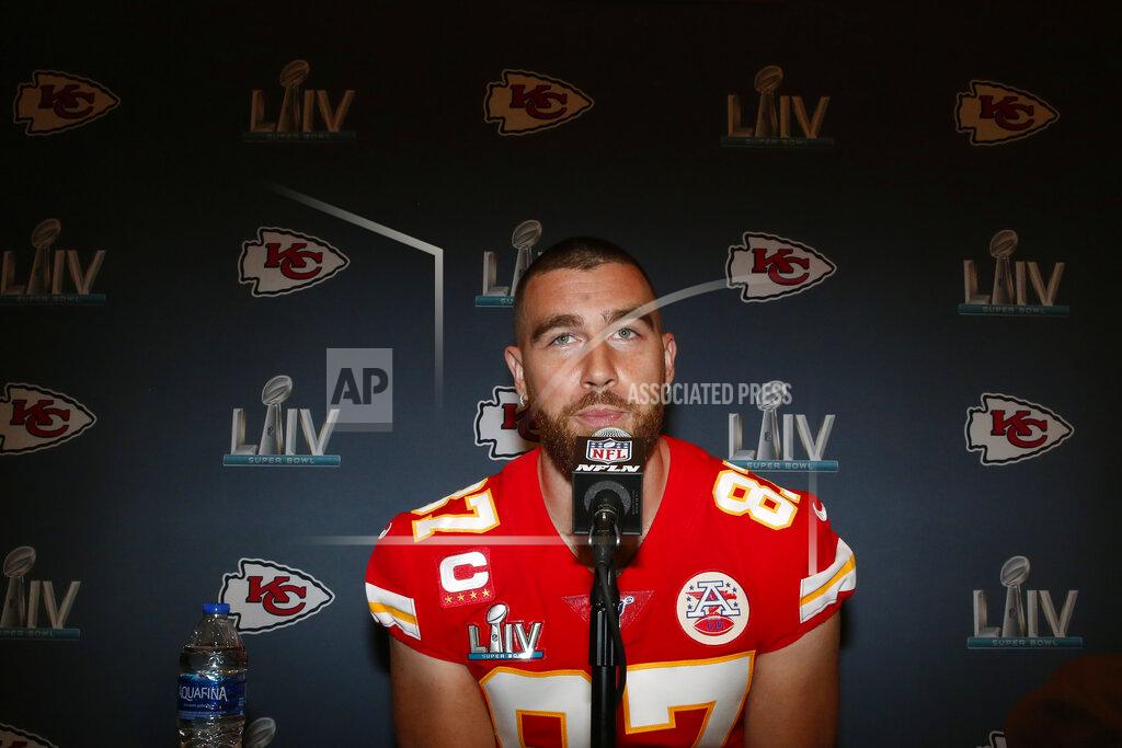 Brynn Anderson Kansas City Chiefs tight end Travis Kelce (87) speaks during a news conference on Thursday, Jan. 30, 2020, in Aventura, Fla., for the NFL Super Bowl 54 football game. (AP Photo/Brynn Anderson)