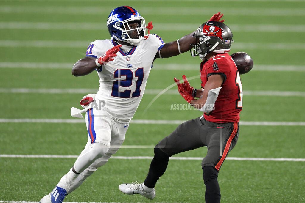 Bill Kostroun New York Giants' Jabrill Peppers, left, breaks up a pass intended for Tampa Bay Buccaneers' Scott Miller during the second half of an NFL football game, Monday, Nov. 2, 2020, in East Rutherford, N.J. (AP Photo/Bill Kostroun)