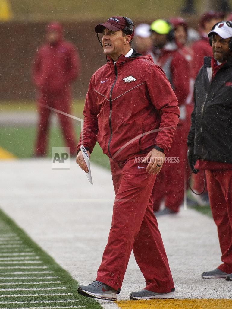 L.g. Patterson Arkansas head coach Chad Morris shouts instructions to his team during the first half of an NCAA college football game against Missouri, Friday, Nov. 23, 2018, in Columbia, Mo. (AP Photo/L.G. Patterson)