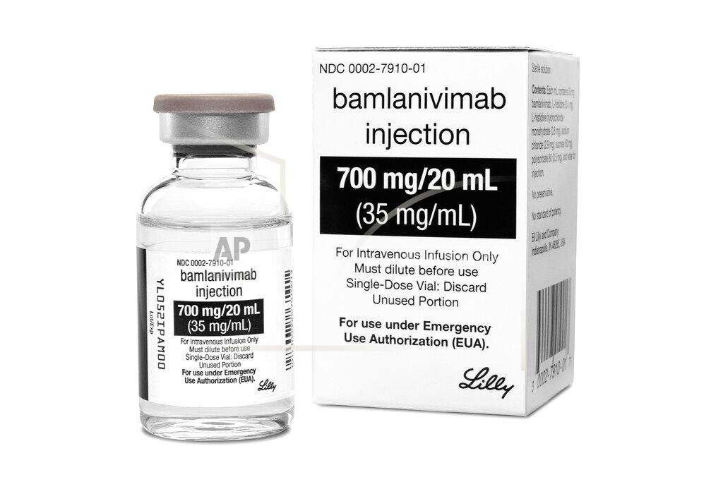 This photo provided by Eli Lilly shows the drug bamlanivimab. On Tuesday, Jan. 26, 2021, the company said that the two-antibody combo of bamlanivimab and etesevimab reduced the risk of hospitalizations or death by 70% in newly diagnosed, non-hospitalized COVID-19 patients at high risk of serious illness because of age or other health conditions. (Eli Lilly via AP)