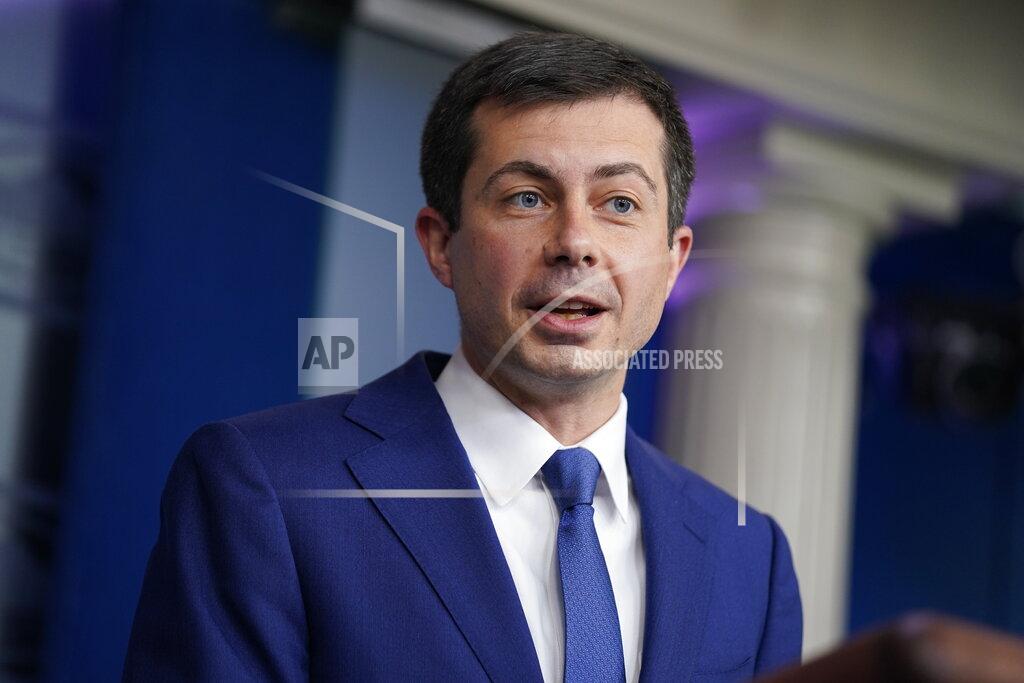 Evan Vucci Secretary of Transportation Secretary Pete Buttigieg speaks during a press briefing at the White House, Wednesday, May 12, 2021, in Washington. (AP Photo/Evan Vucci)
