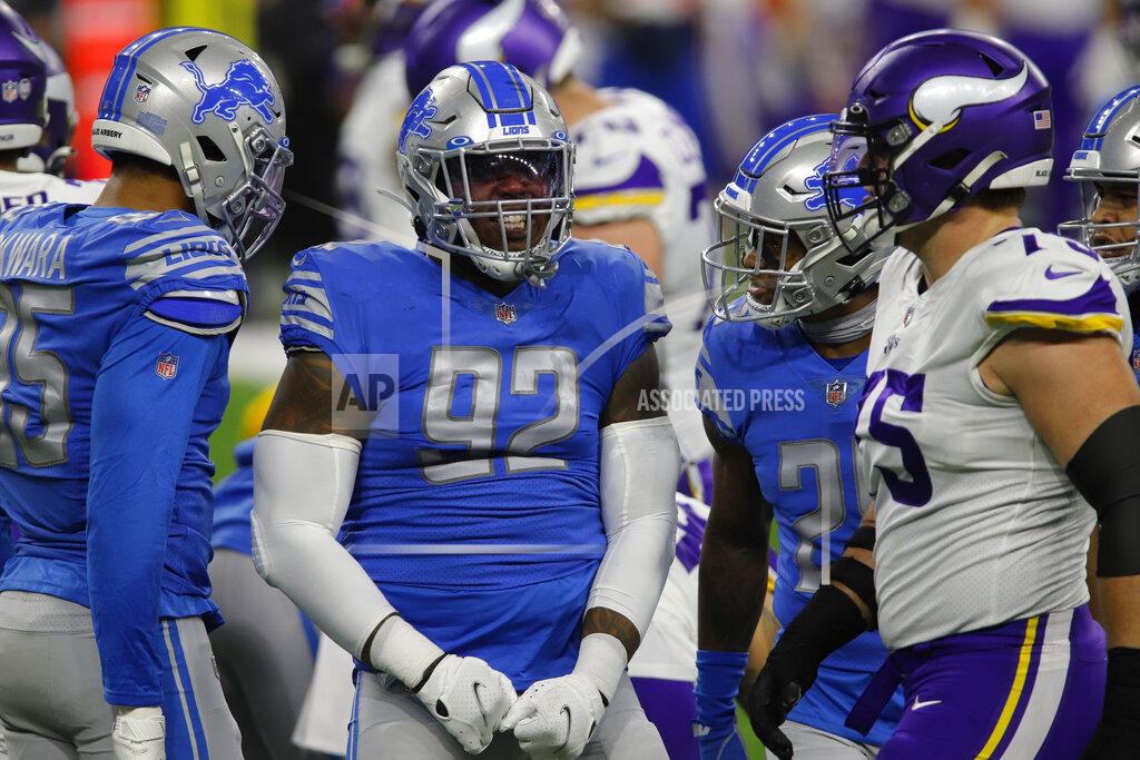 Al Goldis Detroit Lions defensive tackle Kevin Strong (92) reacts after a tackle during the first half of an NFL football game against the Minnesota Vikings, Sunday, Jan. 3, 2021, in Detroit. (AP Photo/Al Goldis)