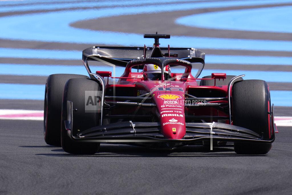 Manu Fernandez Ferrari driver Charles Leclerc of Monaco steers his car during the first practice for the French Formula One Grand Prix at Paul Ricard racetrack in Le Castellet, southern France, Friday, July 22, 2022. The French Grand Prix will be held on Sunday. (AP Photo/Manu Fernandez)