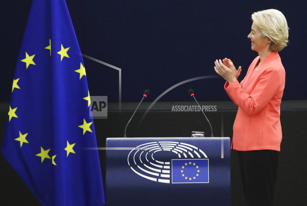 Yves Herman European Commission President Ursula von der Leyen applauds after delivering a State of the Union Address at the European Parliament in Strasbourg, France, Wednesday, Sept. 15, 2021. Stung by the swift collapse of the Afghan army and the chaotic U.S.-led evacuation through Kabul airport, the European Union on Wednesday unveiled new plans to develop its own defense capacities to try to ensure that it has more freedom to act in future crises. (Yves Herman, Pool via AP)