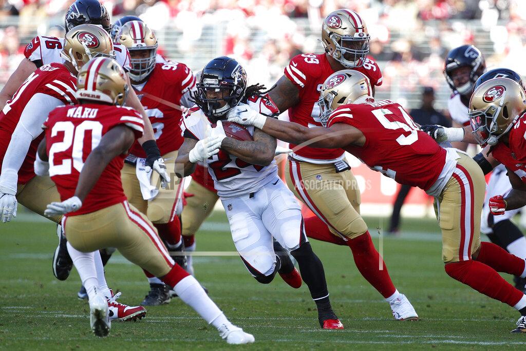 Josie Lepe Atlanta Falcons running back Devonta Freeman, center, runs against the San Francisco 49ers during the first half of an NFL football game in Santa Clara, Calif., Sunday, Dec. 15, 2019. (AP Photo/Josie Lepe)