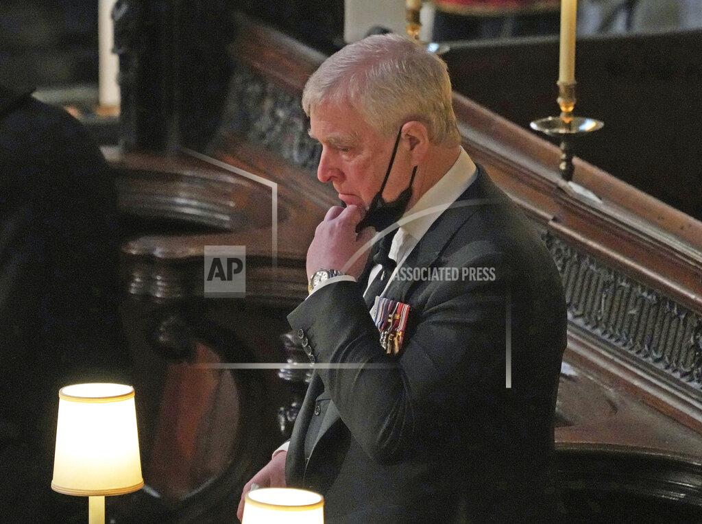 Yui Mok Britain's Prince Andrew inside St. George’s Chapel during the funeral of his father, Prince Philip, at Windsor Castle, Windsor, England, Saturday April 17, 2021. Prince Philip died April 9 at the age of 99 after 73 years of marriage to Britain's Queen Elizabeth II. (Yui Mok/Pool via AP)