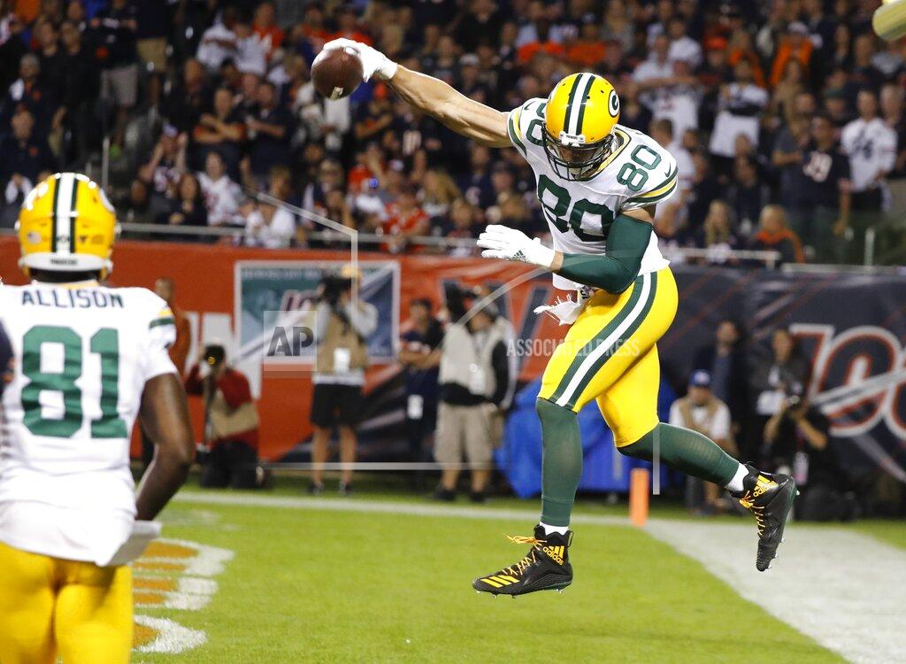 Charles Rex Arbogast Green Bay Packers' Jimmy Graham reacts after catching a touchdown pass during the first half of an NFL football game against the Chicago Bears Thursday, Sept. 5, 2019, in Chicago. (AP Photo/Charles Rex Arbogast)