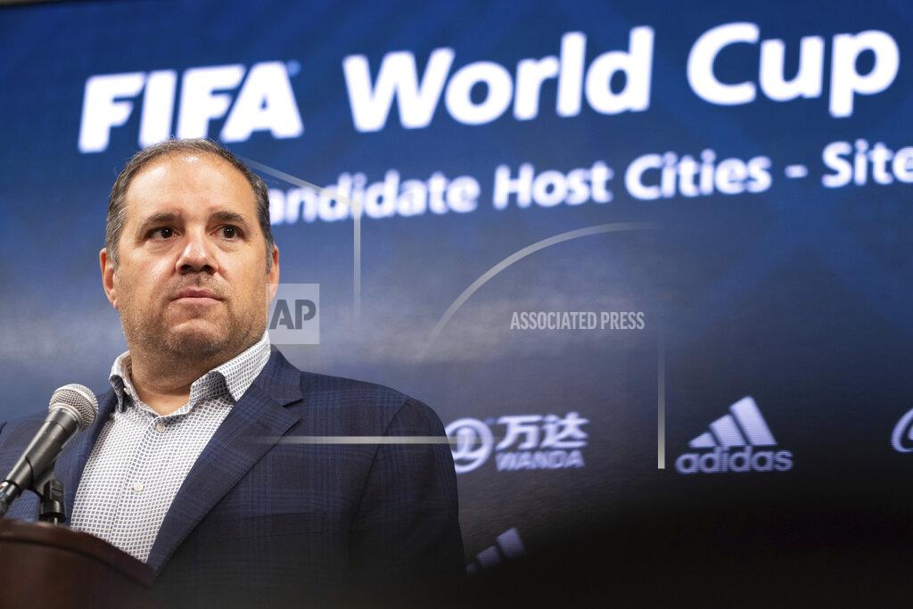 Ben Gray Victor Montagliani, FIFA vice-president and CONCACAF president, takes a question during a press conference Friday afternoon, Sept. 17, 2021 at Mercedes-Benz Stadium in Atlanta. Officials were touring the stadium as part of the FIFA World Cup 2026 Candidate Host City Tour. (AP Photo/Ben Gray)