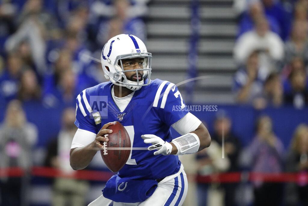 Michael Conroy Indianapolis Colts quarterback Jacoby Brissett (7) prepares to throw during the first half of an NFL football game against the Jacksonville Jaguars, Sunday, Nov. 17, 2019, in Indianapolis. (AP Photo/Michael Conroy)