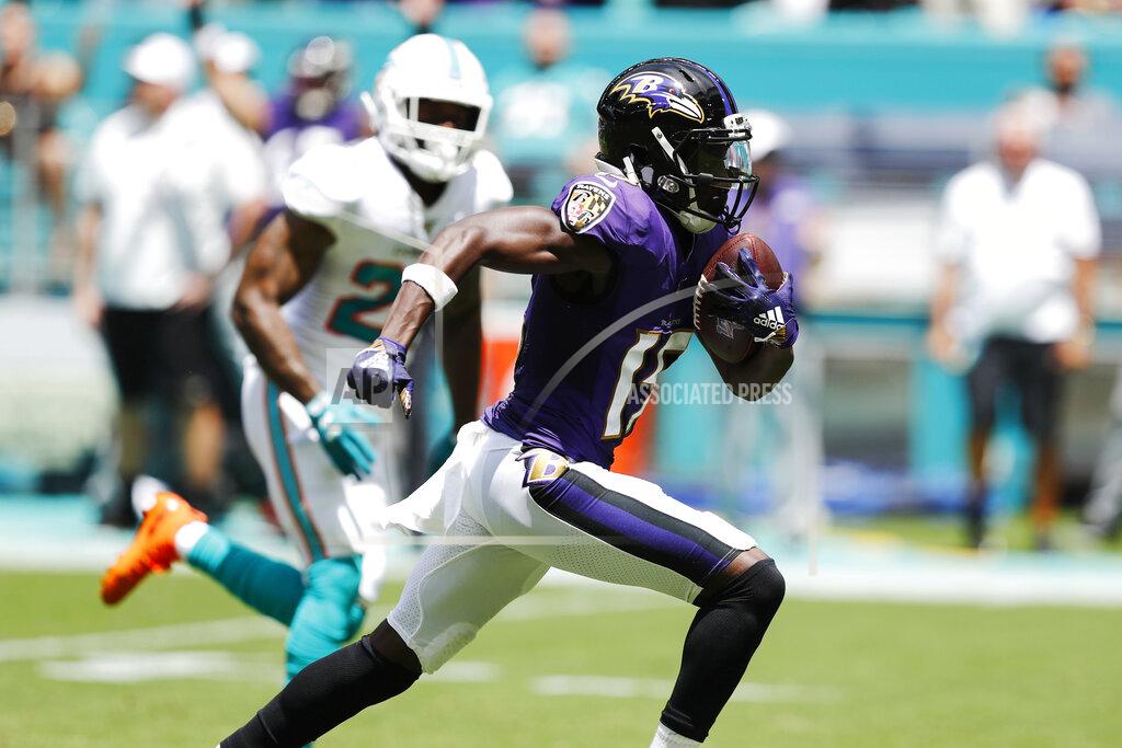 Brynn Anderson Baltimore Ravens wide receiver Marquise Brown (15) runs for a touchdown, during the first half at an NFL football game against the Miami Dolphins, Sunday, Sept. 8, 2019, in Miami Gardens, Fla. (AP Photo/Brynn Anderson)