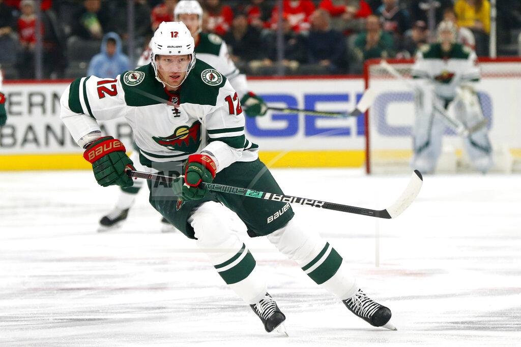 Paul Sancya FILE - In this Feb. 27, 2020, file photo, Minnesota Wild center Eric Staal (12) skates against the Detroit Red Wings in the first period of an NHL hockey game in Detroit. The Buffalo Sabres acquired veteran center Eric Staal in a trade that sent forward Marcus Johansson to the Minnesota Wild on Wednesday, Sept. 16, 2020. (AP Photo/Paul Sancya)