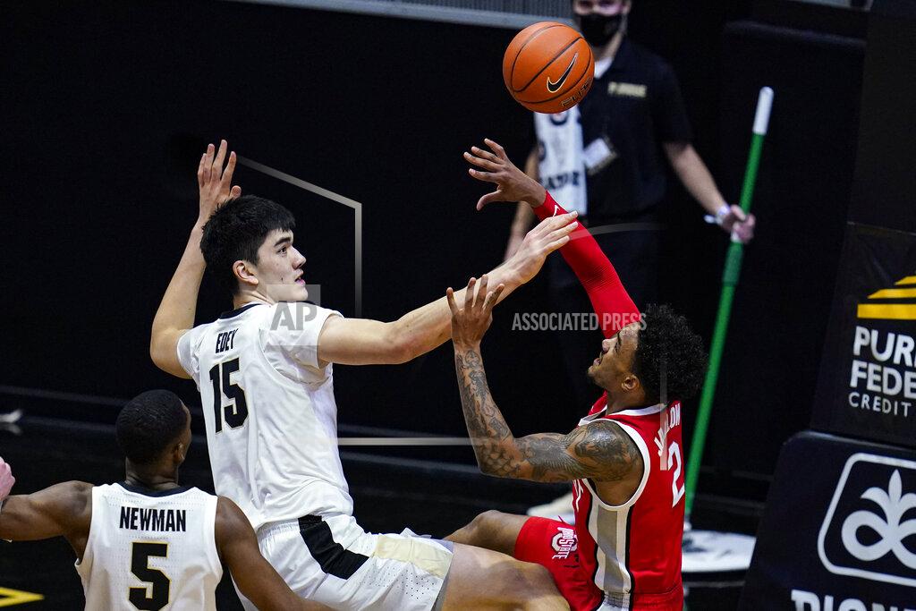 Michael Conroy Purdue center Zach Edey (15) blocks the shot of Ohio State guard Musa Jallow (2) during the second half of an NCAA college basketball game in West Lafayette, Ind., Wednesday, Dec. 16, 2020. (AP Photo/Michael Conroy)