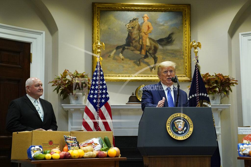Evan Vucci President Donald Trump speaks during an event on the food supply chain during the coronavirus pandemic, in the Roosevelt Room of the White House, Tuesday, May 19, 2020, in Washington. Agriculture Secretary Sonny Perdue looks on at left. (AP Photo/Evan Vucci)