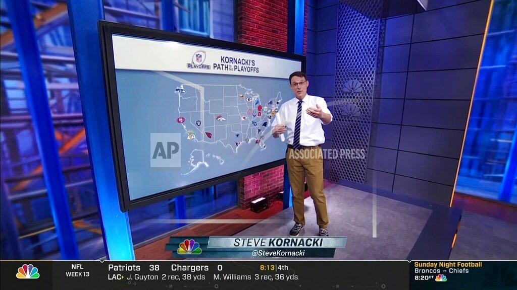 Steve Kornacki provides a look at possibilities for the NFL playoffs during NBC's Football Night in America on Dec. 6, 2020, in New York. Kornacki, who was become a breakout star for his work on analyzing during the presidential election on MSNBC, will be on NBC's pregame show during the rest of the season. (NBC Sports via AP)