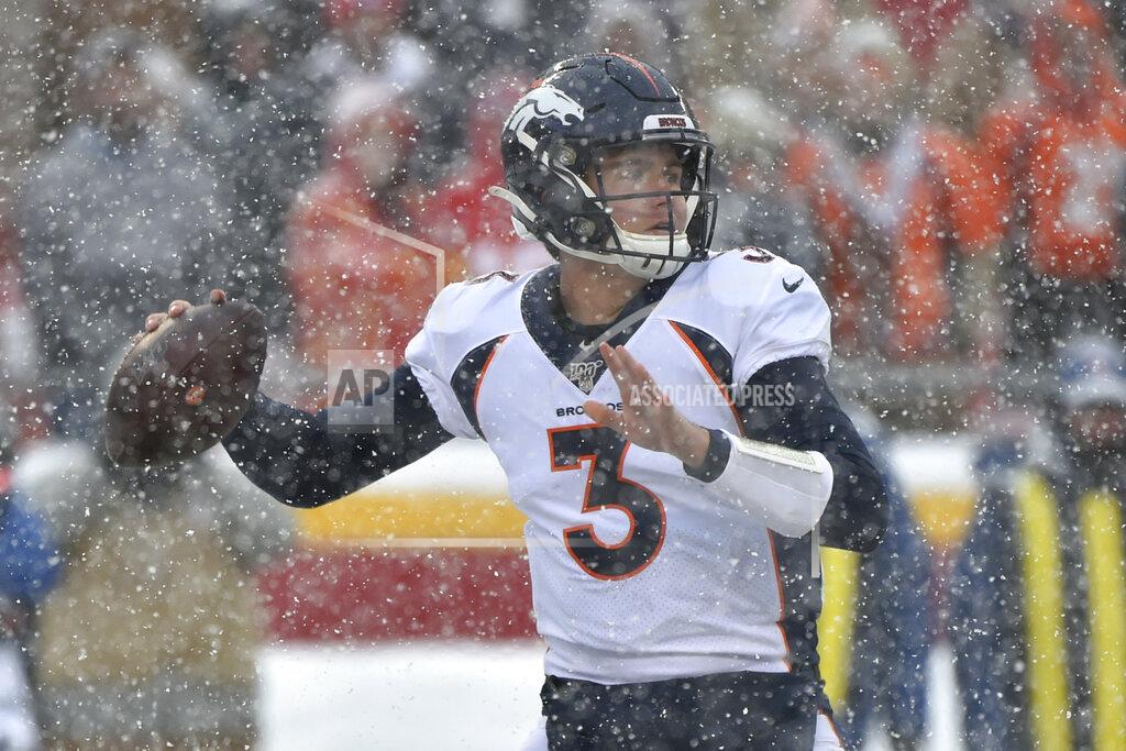 Ed Zurga Denver Broncos quarterback Drew Lock (3) throws a pass during the first half of an NFL football game against the Kansas City Chiefs in Kansas City, Mo., Sunday, Dec. 15, 2019. (AP Photo/Ed Zurga)