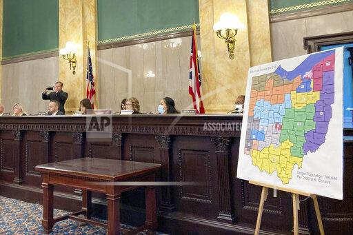 FILE—Members of the Ohio Senate Government Oversight Committee hear testimony on a new map of state congressional districts in this file photo from Nov. 16, 2021, at the Ohio Statehouse in Columbus, Ohio. On Friday, Jan. 14, 2022, the Ohio Supreme Court rejected a new map of the state's 15 congressional districts as gerrymandered, sending the blueprint back for another try. The 4-3 decision returns the process to the powerful Ohio Redistricting Commission. (AP Photo/Julie Carr Smyth, File)
