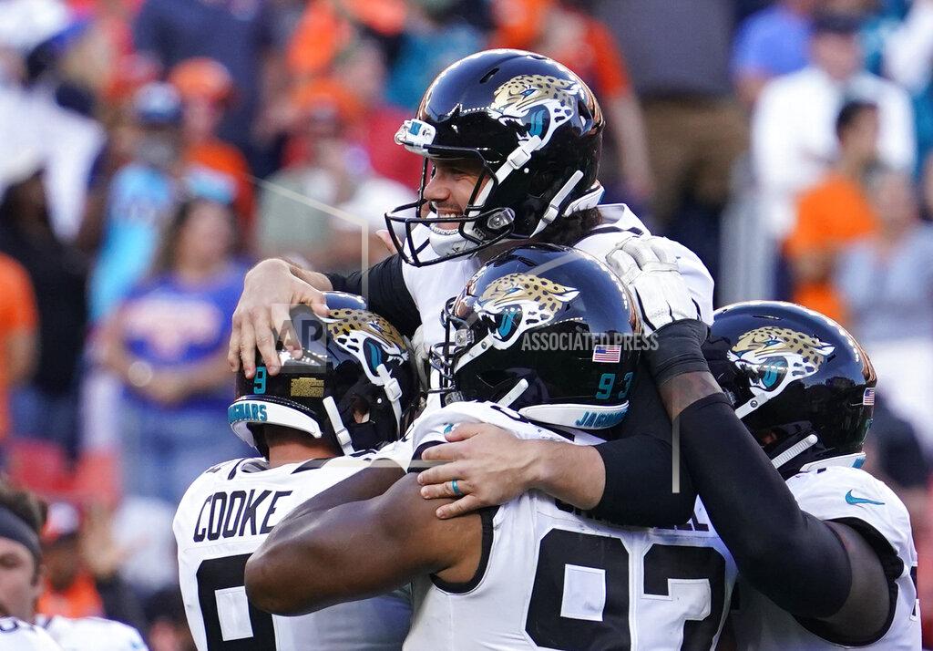 Jack Dempsey Jacksonville Jaguars kicker Josh Lambo, above, celebrates with teammates after making a game-winning field goal during the second half of an NFL football game against the Denver Broncos, Sunday, Sept. 29, 2019, in Denver. (AP Photo/Jack Dempsey)