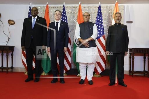 U.S. Defense Secretary Lloyd Austin, from left, Secretary of State Antony Blinken, India's Defense Minister Rajnath Singh and Foreign Minister Subrahmanyam Jaishankar pose for a photo as part of the so-called &quot;2+2 Dialogue&quot; at the foreign ministry in New Delhi, India, Friday, Nov. 10, 2023. (Jonathan Ernst/Pool Photo via AP)