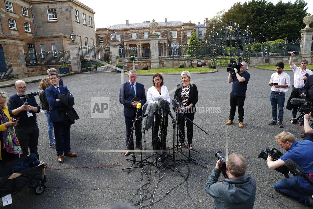 Peter Morrison Sinn Fein's Conor Murphy, left, party leader Mary Lou McDonald, center, and Michelle O'Neill speak to the media at Hillsborough Castle, Northern Ireland, Monday, May, 16, 2022. British Prime Minister Johnson said there would be “a necessity to act” if the EU doesn't agree to overhaul post-Brexit trade rules that he says are destabilizing Northern Ireland's delicate political balance. Johnson was holding private talks with the leaders of Northern Ireland's main political parties, urging them to get back to work. (AP Photo/Peter Morrison)