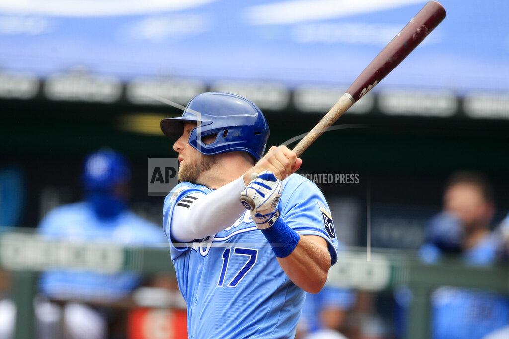 Orlin Wagner Kansas City Royals Hunter Dozier hits a two-run single during the first inning of a baseball game against the Minnesota Twins at Kauffman Stadium in Kansas City, Mo., Sunday, Aug. 9, 2020. (AP Photo/Orlin Wagner)