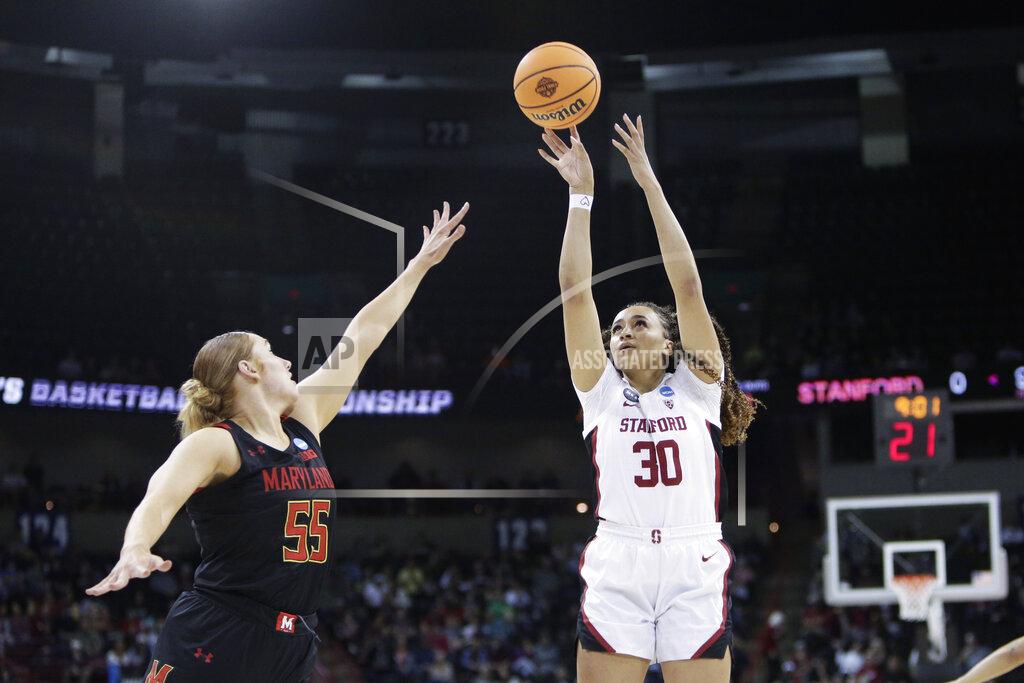 Young Kwak Stanford guard Haley Jones (30) shoots above Maryland forward Chloe Bibby (55) during the first half of a college basketball game in the Sweet 16 round of the NCAA tournament, Friday, March 25, 2022, in Spokane, Wash. (AP Photo/Young Kwak)