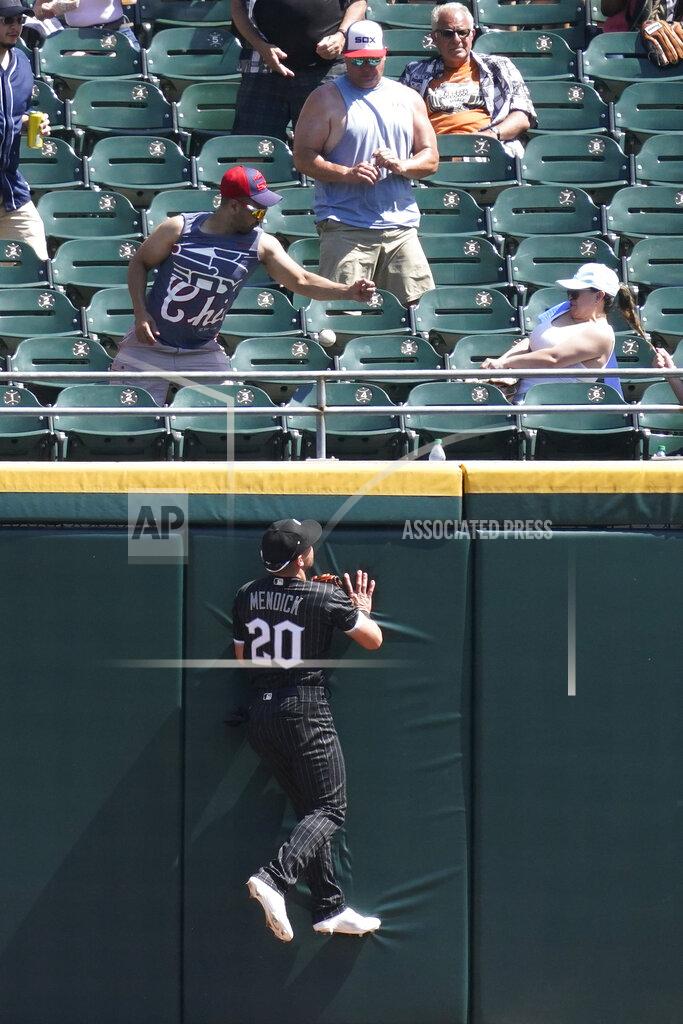 Nam Y. Huh Chicago White Sox center fielder Danny Mendick can't make the play on a solo home run hit by Detroit Tigers' Miguel Cabrera during the sixth inning of a baseball game in Chicago, Saturday, June 5, 2021. (AP Photo/Nam Y. Huh)