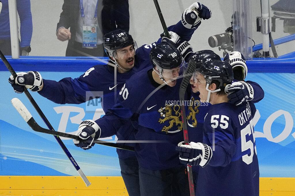 Jae C. Hong Finland celebrates a goal by Ville Pokka during the men's gold medal hockey game against the Russian Olympic Committee at the 2022 Winter Olympics, Sunday, Feb. 20, 2022, in Beijing. (AP Photo/Jae C. Hong)