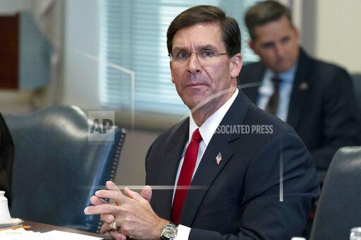 FILE - In this Sept. 22, 2020, file photo, Secretary of Defense Mark Esper speaks before a meeting with Israeli Defense Minister Benny Gantz, at the Pentagon in Washington. In a lawsuit filed against the Defense Department, Sunday, Nov. 28, 2021, former Defense Secretary Esper claims that material is being improperly withheld from his use as he seeks to publish an “unvarnished and candid memoir" of his time in President Donald Trump's Cabinet. (AP Photo/Alex Brandon, File)