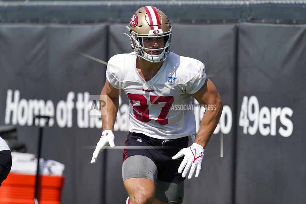 Jeff Chiu San Francisco 49ers defensive end Nick Bosa runs a drill at NFL football training camp in Santa Clara, Calif., Thursday, July 29, 2021. (AP Photo/Jeff Chiu)