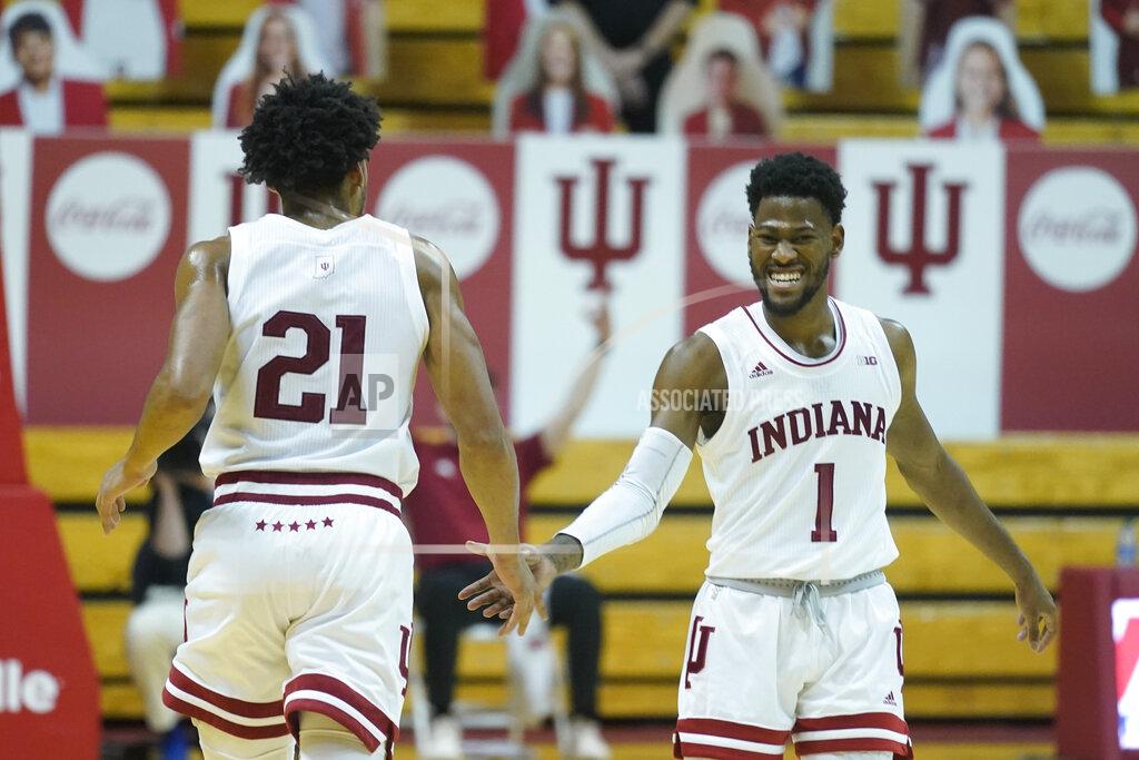 Darron Cummings Indiana forward Jerome Hunter (21) and Al Durham (1) react during the second half of an NCAA college basketball game against Maryland, Monday, Jan. 4, 2021, in Bloomington, Ind. (AP Photo/Darron Cummings)
