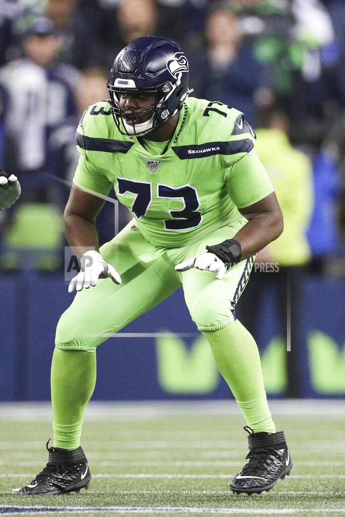 Margaret Bowles Seattle Seahawks offensive tackle Jamarco Jones (73) blocks a defender in an NFL game against the Los Angeles Rams, Thursday, Oct. 3, 2019, in Seattle. The Seahawks defeated the Rams 30-29. (Margaret Bowles via AP)