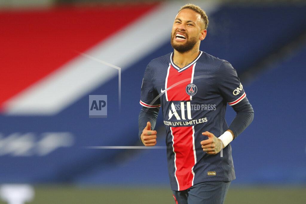 Thibault Camus PSG's Neymar reacts during the French League One soccer match between Paris Saint-Germain and Montpellier at the Parc des Princes stadium in Paris, France, Friday, Jan.22, 2021. (AP Photo/Thibault Camus)