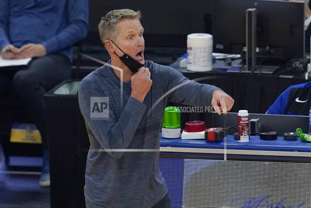 Jeff Chiu Golden State Warriors coach Steve Kerr gestures during the first half of the team's NBA basketball game against the Indiana Pacers in San Francisco, Tuesday, Jan. 12, 2021. (AP Photo/Jeff Chiu)