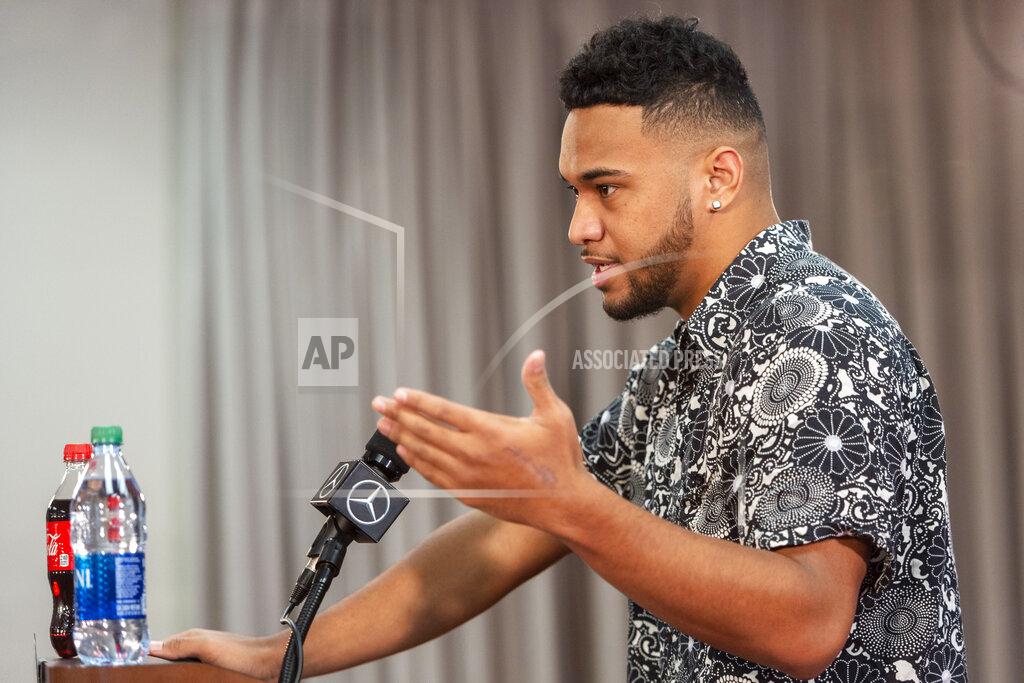 Vasha Hunt Alabama quarterback Tua Tagovailoa announces his intentions to declare for the 2020 NFL football draft, Monday, Jan. 6, 2020, in Tuscaloosa, Ala. (AP Photo/Vasha Hunt)
