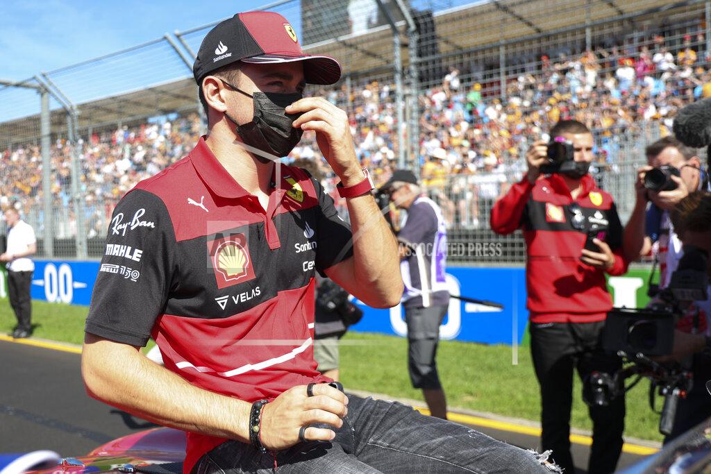 Asanka Brendon Ratnayake Ferrari driver Charles Leclerc of Monaco gestures during the drivers parade ahead of the Australian Formula One Grand Prix in Melbourne, Australia, Sunday, April 10, 2022. (AP Photo/Asanka Brendon Ratnayake)