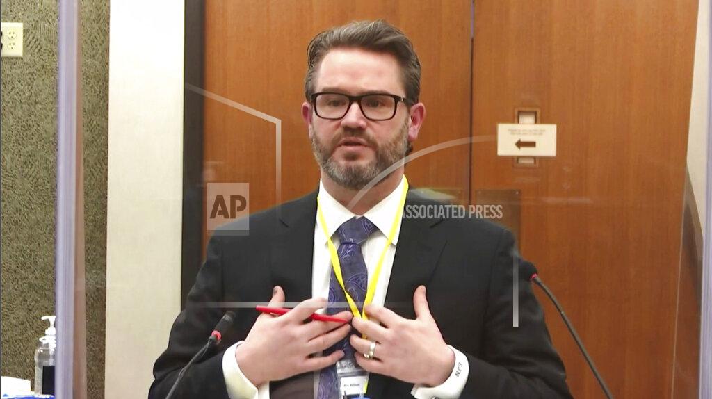 Uncredited In this image taken from video, defense attorney Eric Nelson questions witness Dr. Martin Tobin as Hennepin County Judge Peter Cahill presides, Thursday, April 8, 2021, in the trial of former Minneapolis police Officer Derek Chauvin at the Hennepin County Courthouse in Minneapolis, Minn. Chauvin is charged in the May 25, 2020 death of George Floyd. (Court TV via AP, Pool)