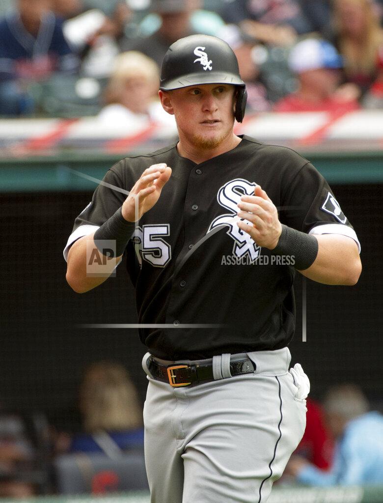 Phil Long Chicago White Sox's Andrew Vaughn celebrates after scoring on a single by Leury Garcia during the sixth inning of a baseball game in Cleveland, Sunday, Sept. 26, 2021. (AP Photo/Phil Long)