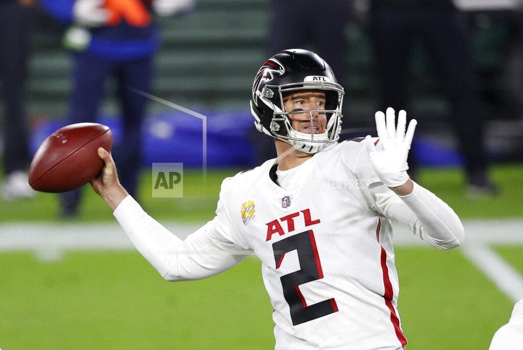 Tom Lynn Atlanta Falcons quarterback Matt Ryan (2) throws during the first half of an NFL football game against the Green Bay Packers, Monday, Oct. 5, 2020, in Green Bay, Wis. (AP Photo/Tom Lynn)