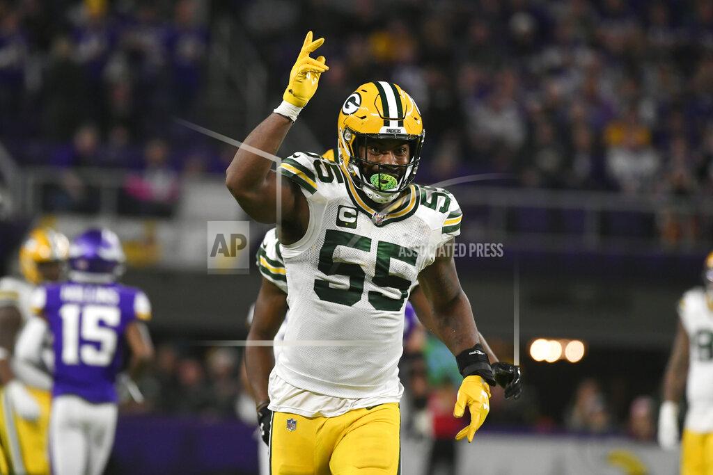 Craig Lassig FILE - In this Dec. 23, 2019, file photo, Green Bay Packers outside linebacker Za'Darius Smith celebrates after a sack during the second half of the team's NFL football game against the Minnesota Vikings in Minneapolis. Smith had 3 1/2 sacks in the 23-10 victory by the Packers. The two teams meet Sunday in Minneapolis. (AP Photo/Craig Lassig, File)
