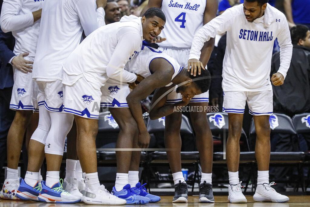 John Minchillo Seton Hall's Myles Cale, center, reacts after missing a 3-point shot that could have given his team the win at the buzzer, ending the second half of an NCAA college basketball game against Villanova Wednesday, March 4, 2020, in Newark, N.J. (AP Photo/John Minchillo)