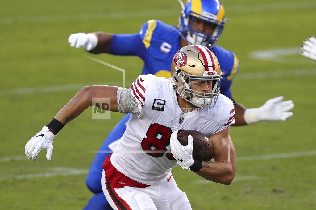 Jed Jacobsohn San Francisco 49ers tight end George Kittle runs against the Los Angeles Rams during the first half of an NFL football game in Santa Clara, Calif., Sunday, Oct. 18, 2020. (AP Photo/Jed Jacobsohn)