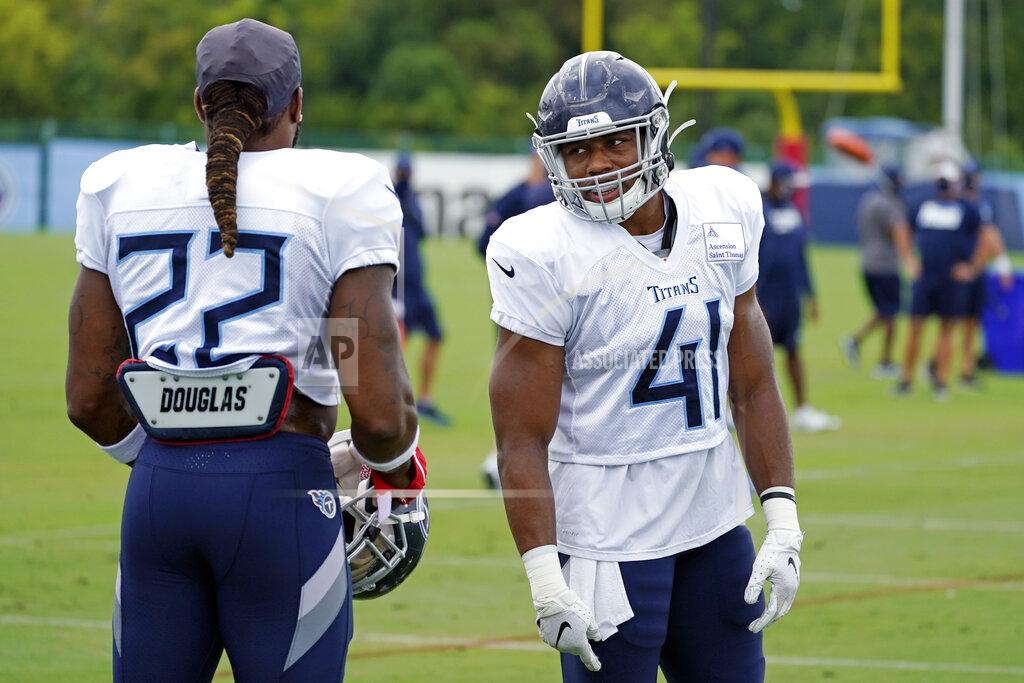 Mark Humphrey Tennessee Titans running back Khari Blasingame (41) talks with running back Derrick Henry (22) during NFL football training camp Friday, Aug. 28, 2020, in Nashville, Tenn. (AP Photo/Mark Humphrey, Pool)