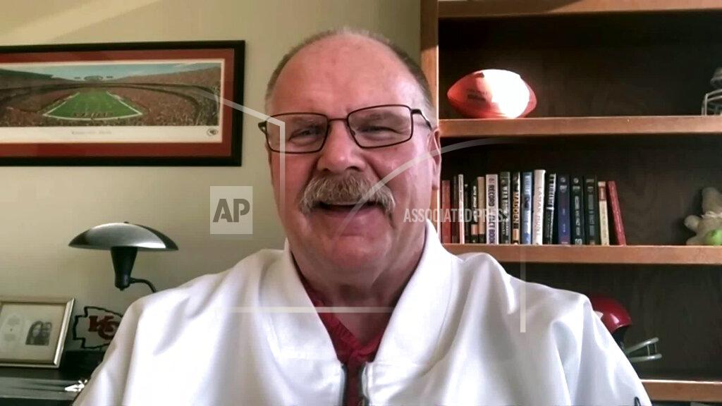 Uncredited In this still image from video provided by the NFL, Kansas City Chiefs head coach Andy Reid speaks during Opening Night for the NFL Super Bowl 55 football game Monday, Feb. 1, 2021. (NFL via AP)