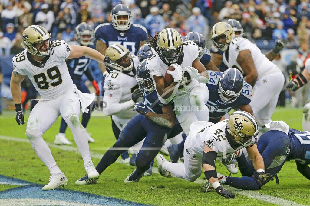 James Kenney New Orleans Saints running back Alvin Kamara (41) follows the blocking of Josh Hill (89) and Zach Line (42) as Kamara scores a touchdown against the Tennessee Titans in the second half of an NFL football game Sunday, Dec. 22, 2019, in Nashville, Tenn. (AP Photo/James Kenney)