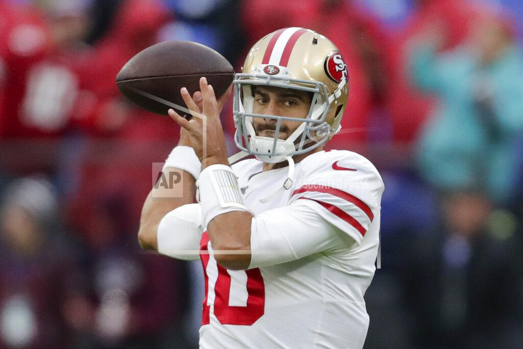Julio Cortez San Francisco 49ers quarterback Jimmy Garoppolo warms up on the field before the start of an NFL football game against the Baltimore Ravens, Sunday, Dec. 1, 2019, in Baltimore, Md. (AP Photo/Julio Cortez)