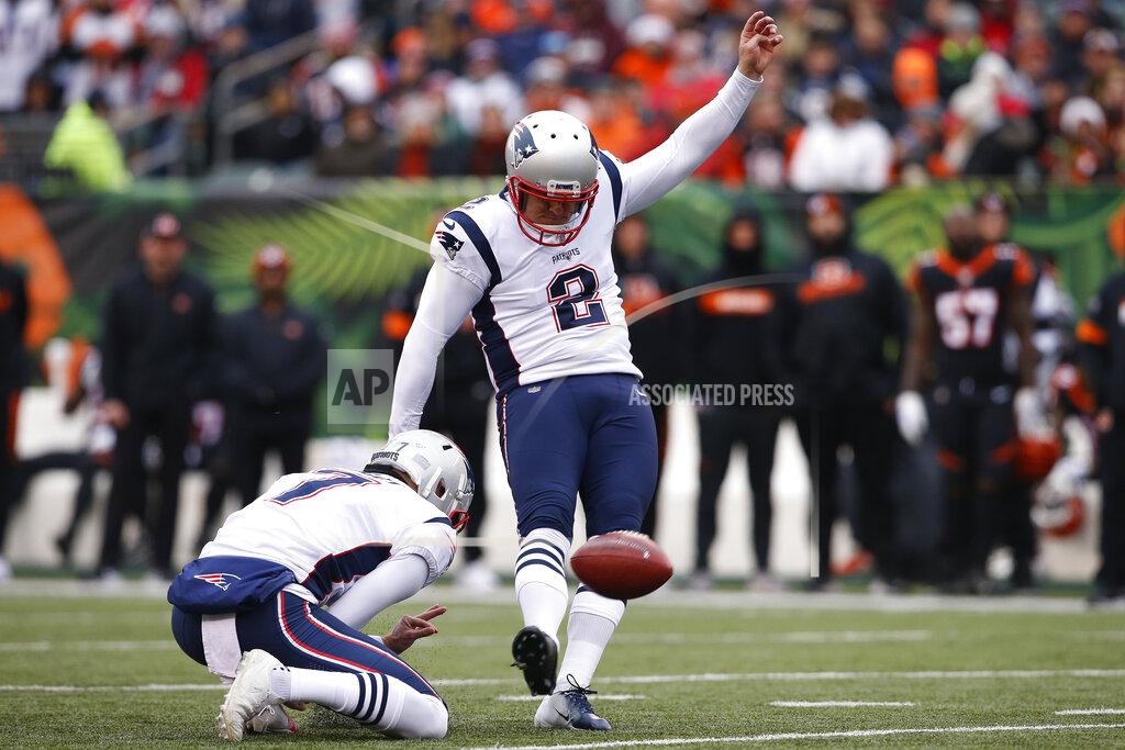 Gary Landers New England Patriots kicker Nick Folk (2) kicks a field goal in the first half of an NFL football game against the Cincinnati Bengals, Sunday, Dec. 15, 2019, in Cincinnati. (AP Photo/Gary Landers)