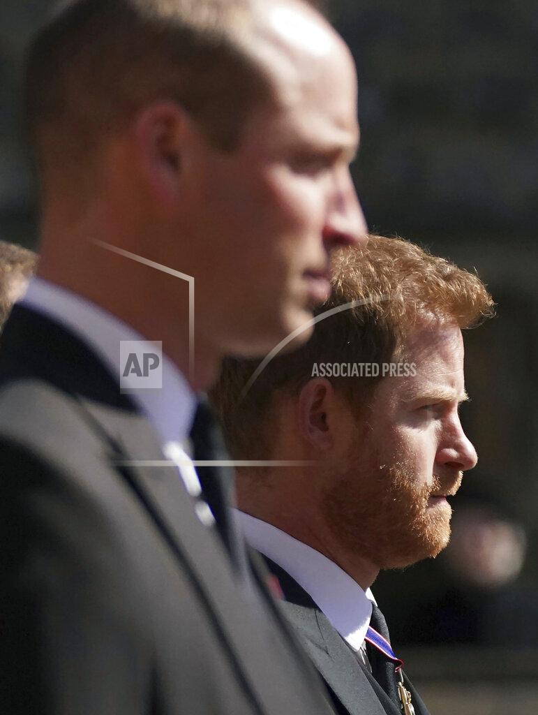 Victoria Jones Prince William, the Duke of Cambridge and Prince Harry walk in the procession, ahead of Britain Prince Philip's funeral at Windsor Castle, Windsor, England, Saturday April 17, 2021. Prince Philip died April 9 at the age of 99 after 73 years of marriage to Britain's Queen Elizabeth II. (Victoria Jones/Pool via AP)