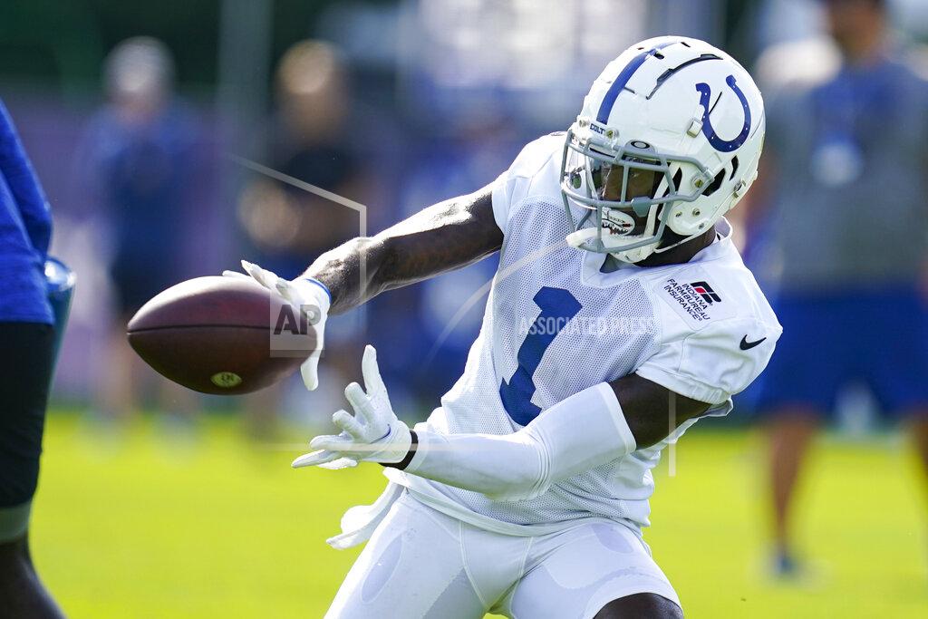 Indianapolis Colts wide receiver Parris Campbell (1) makes a catch during practice at the NFL team's football training camp in Westfield, Ind., Monday, Aug. 23, 2021. (AP Photo/Michael Conroy)